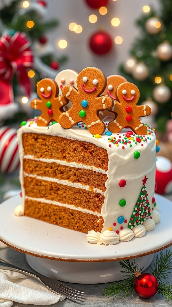 Gingerbread Man Christmas Cake Recipe A festive gingerbread man Christmas cake with cream cheese frosting and decorated with gingerbread men and sprinkles.